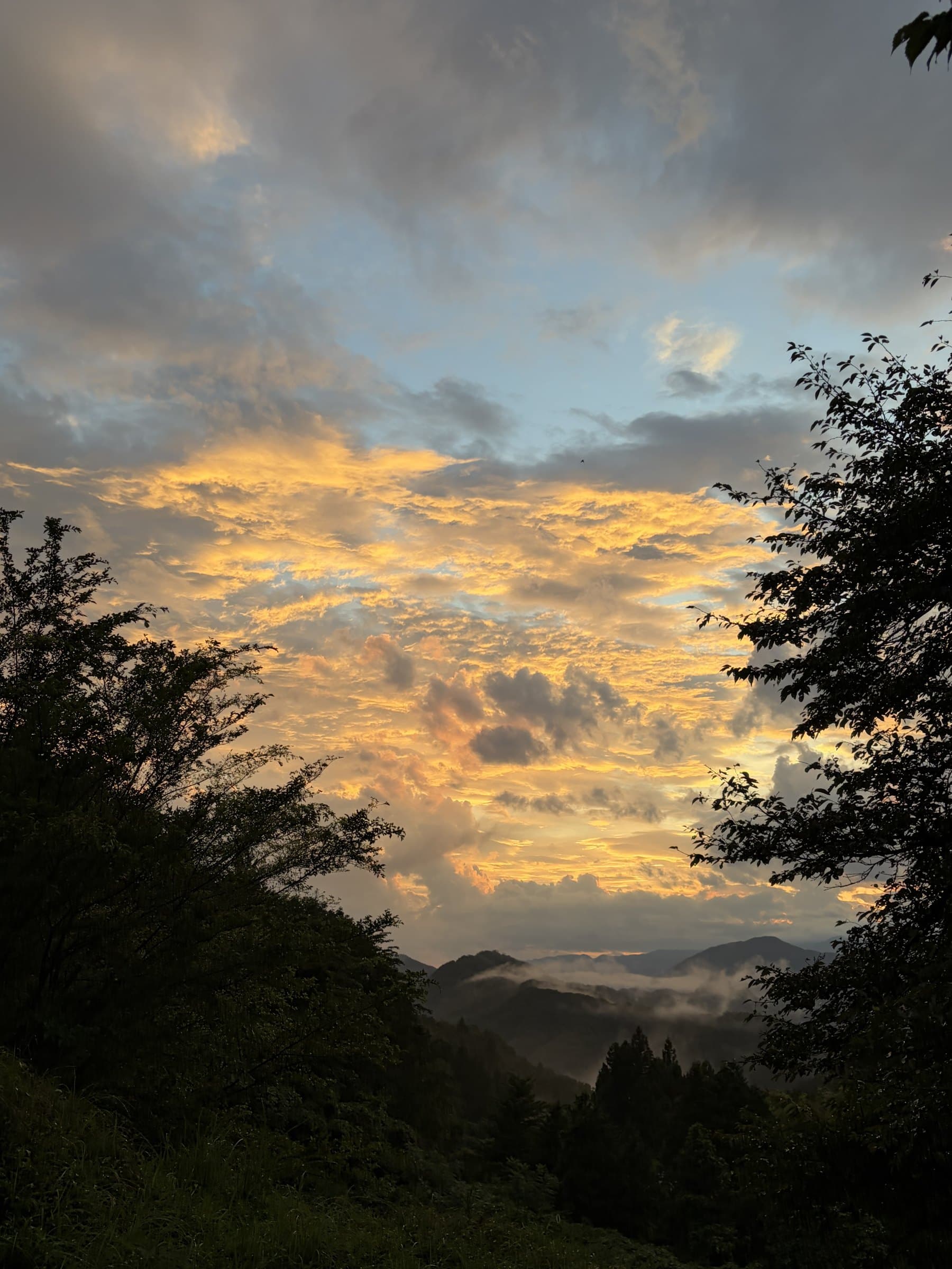 藤野の山並みに沈む夕日。焼けた雲と谷にたまる霧