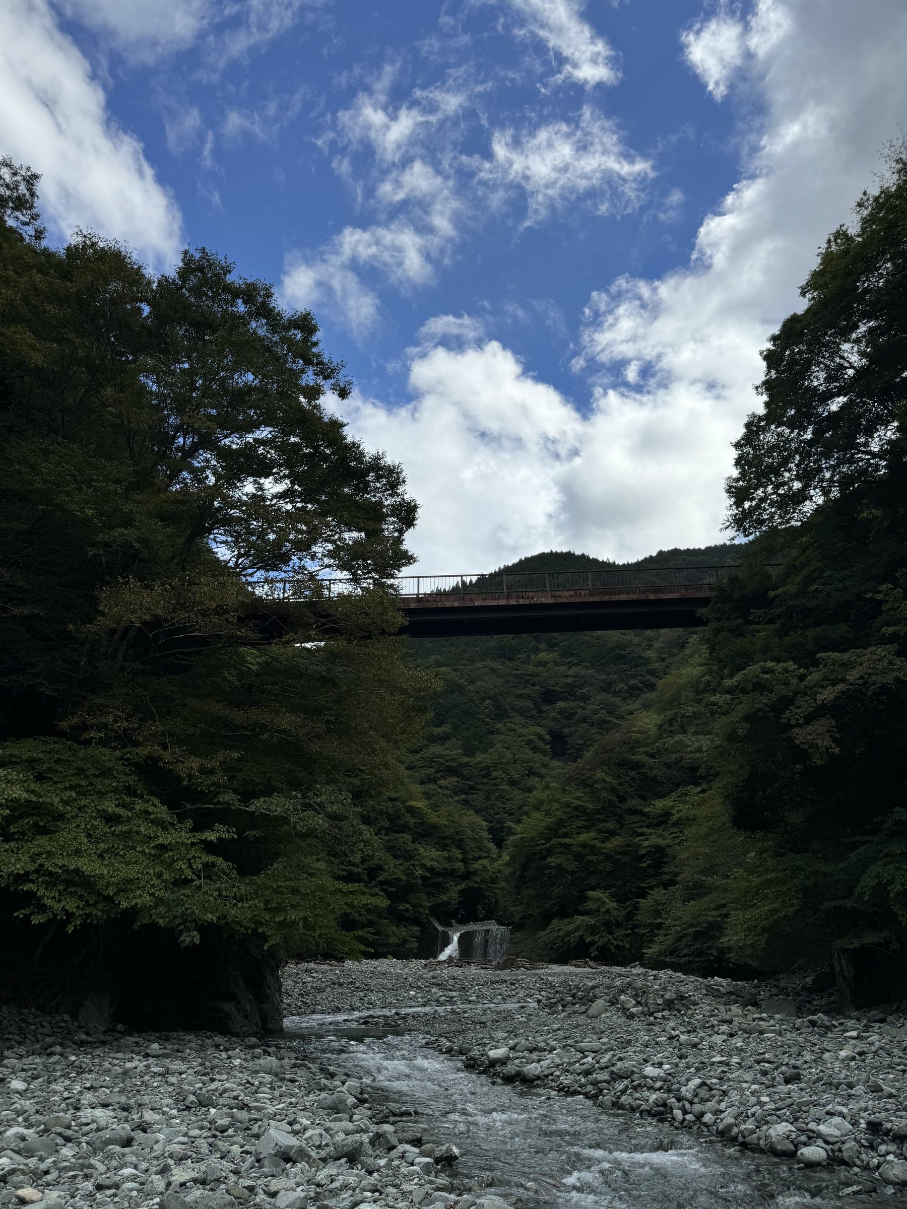 A bridge over the river at Fujino, forest closing in on both banks